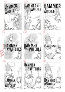 sketch with typography options for Hammer of witches cover